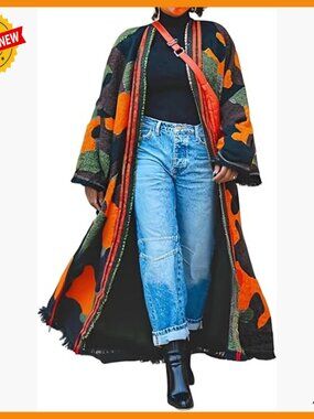 Oversized Camo Cardigan Maxi Duster Open Front Long Sweater 3XL